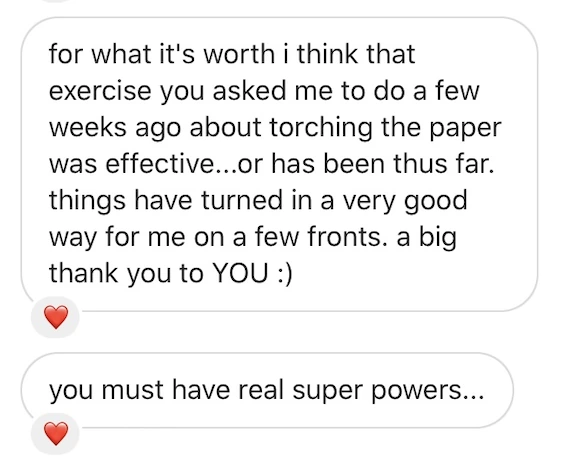 Client text: torching the paper and super powers