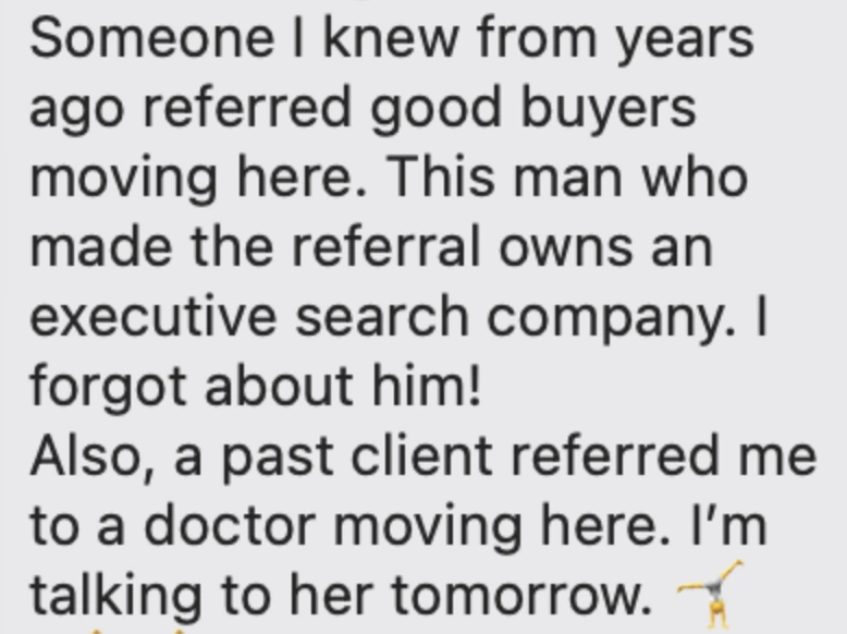 Client text: referral buyers and a doctor moving here
